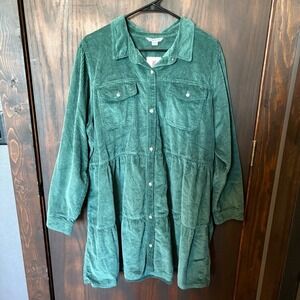 American Eagle  Green Corduroy Tiered Dress Long Sleeve Button Down XXL